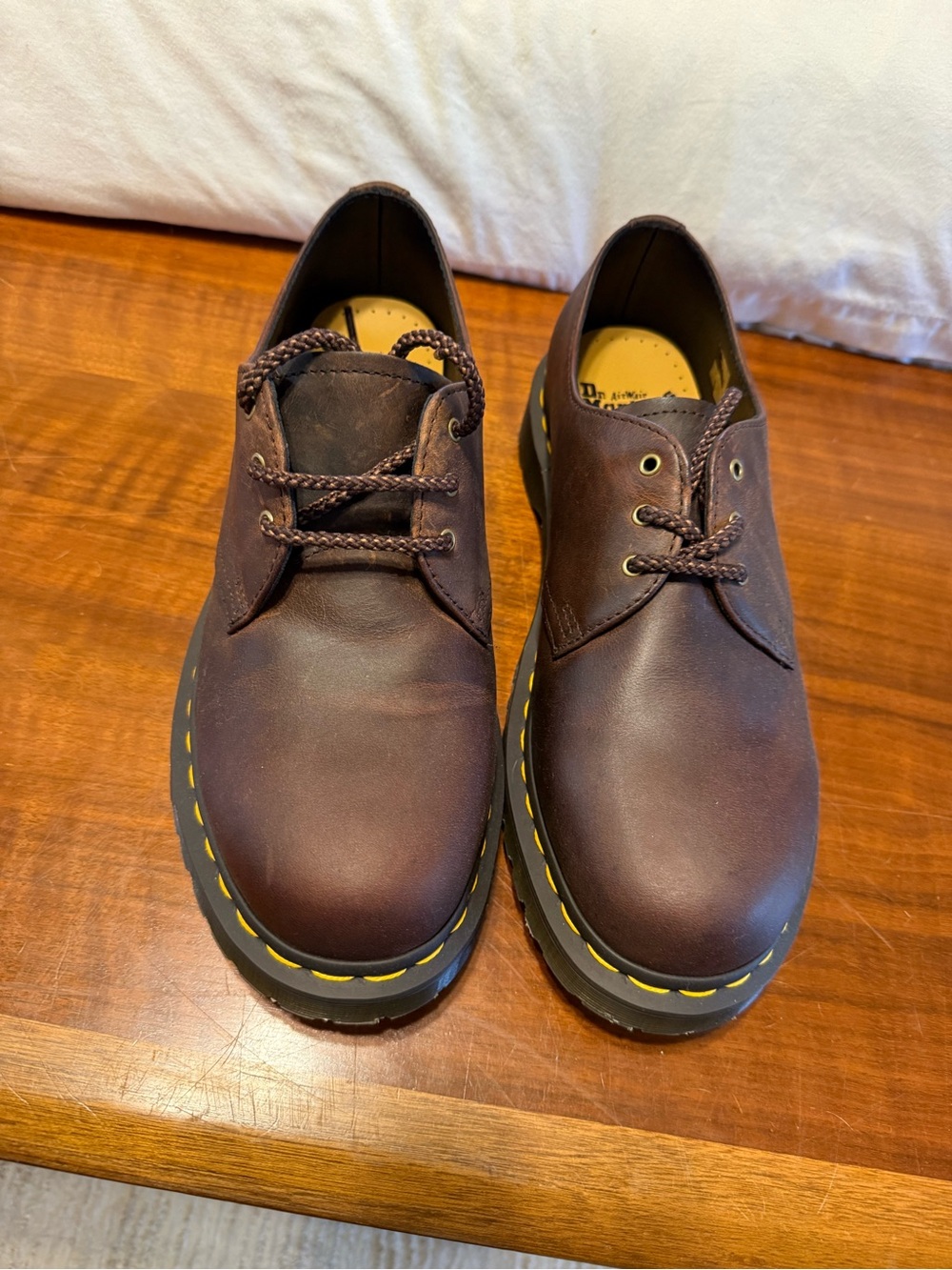 Dr. Martens Brown Leather 3-Eye Derby Shoes with Yellow Welt